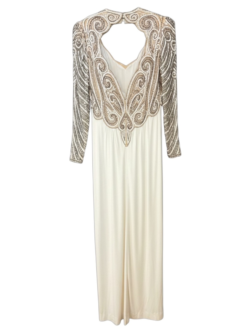 Vintage Ivory Gold Beaded Sequin Maxi Dress Long Sleeve Keyhole Formal Gown - Picture 3 of 11